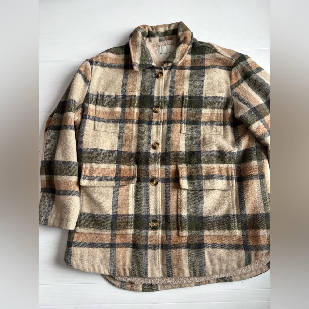 American Eagle Plaid Sherpa Shacket Overshirt Jacket